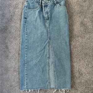 Denim Midi Skirt with Frayed Hem